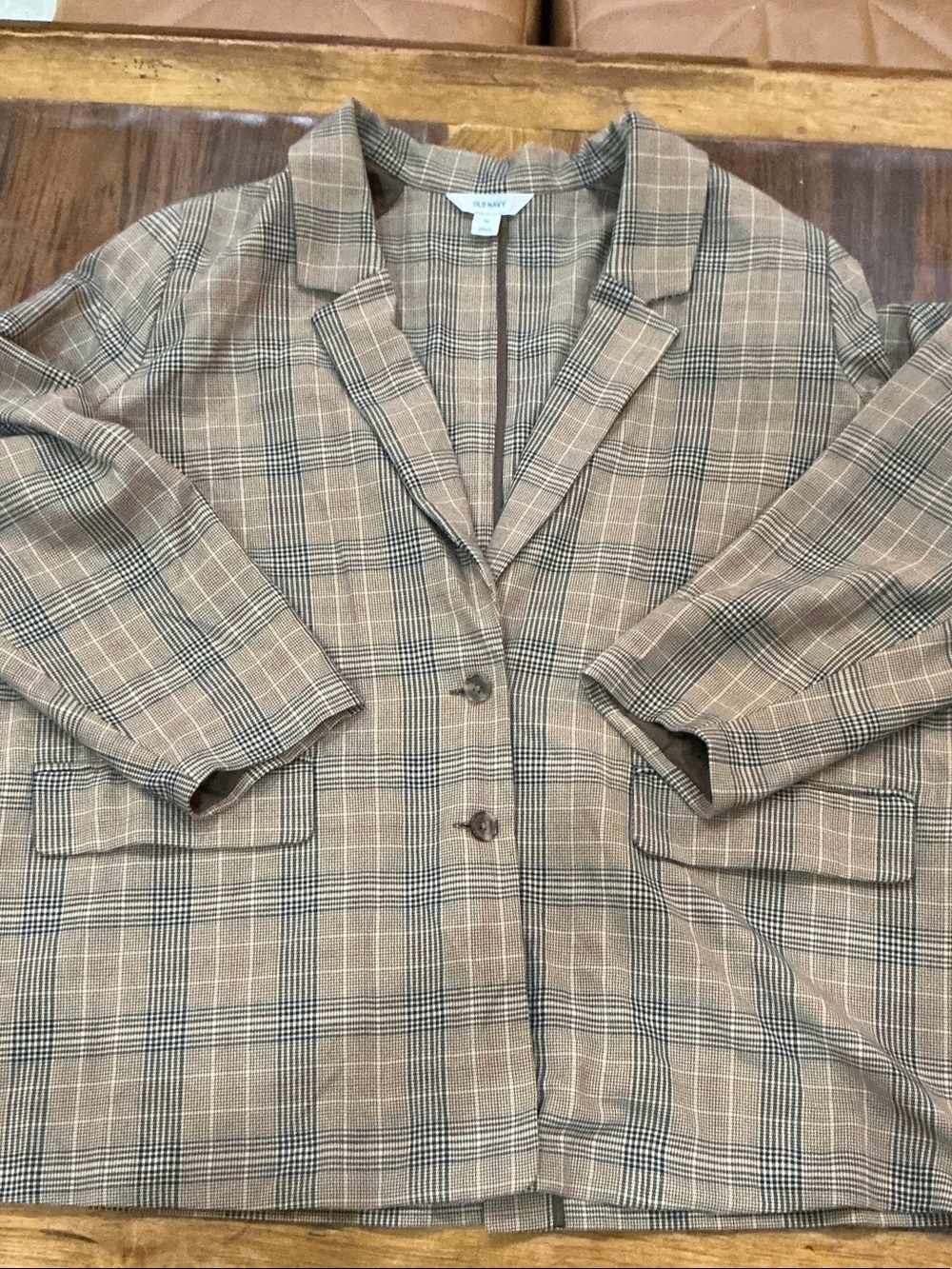 Old Navy Tan Plaid Notch-Collar Women's Blazer
